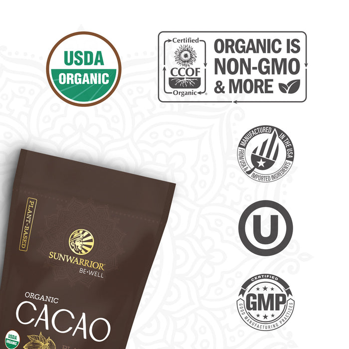 Sunwarrior Organic Cacao packaging with certification logos on a white background