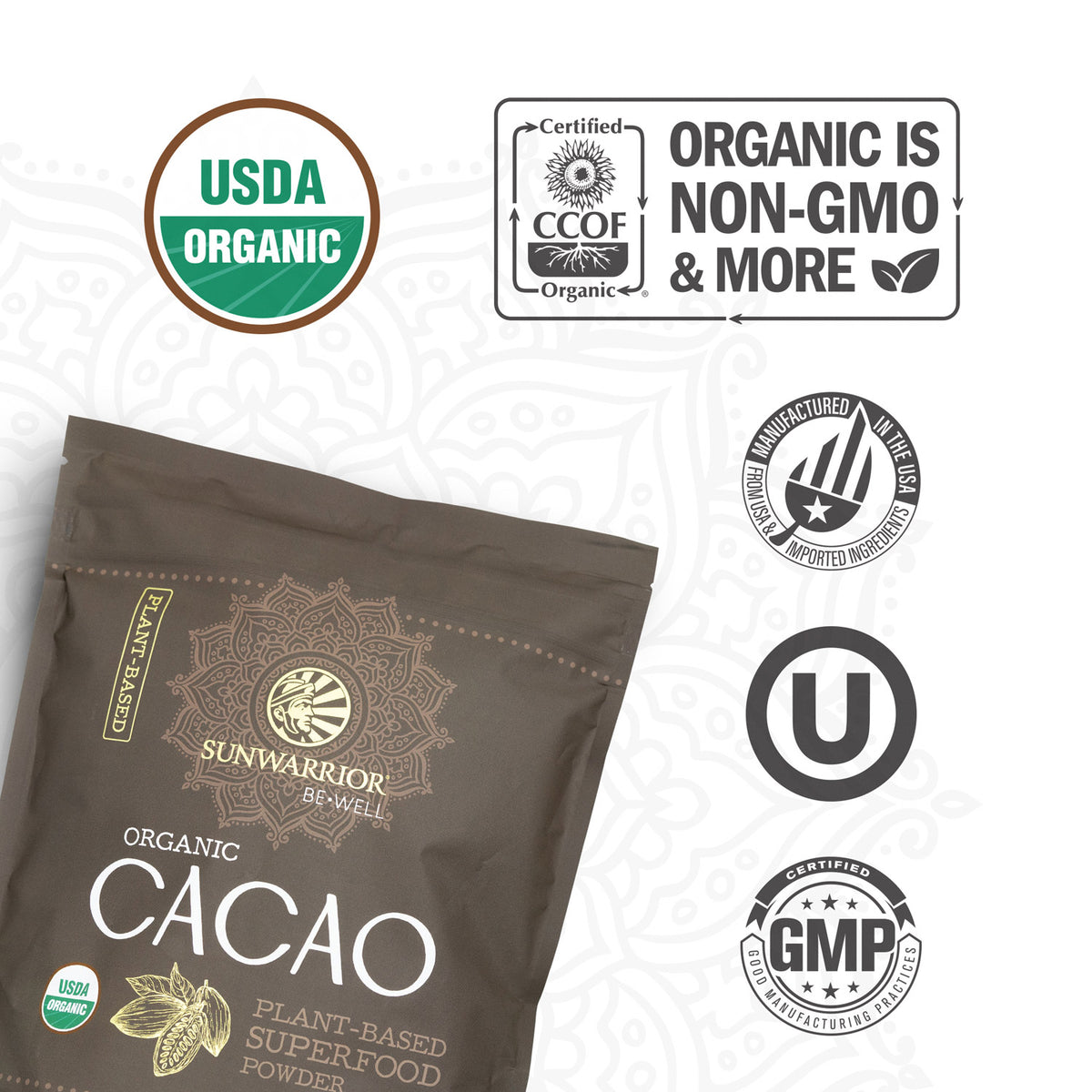 Sunwarrior Organic Cacao packaging with certification logos on a white background