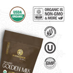 Package of Sunwarrior golden milk with USDA Organic, non-GMO, Made in USA, kosher, and GMP certification logos