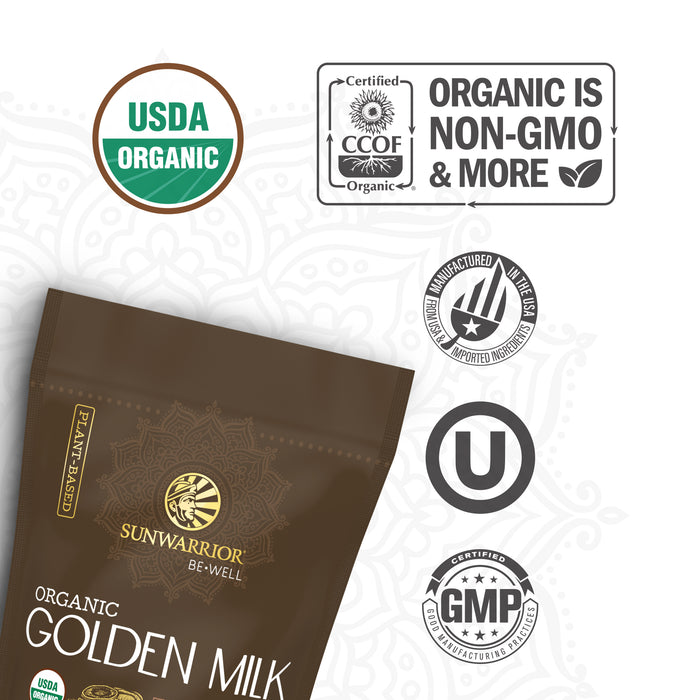 Package of Sunwarrior golden milk with USDA Organic, non-GMO, Made in USA, kosher, and GMP certification logos