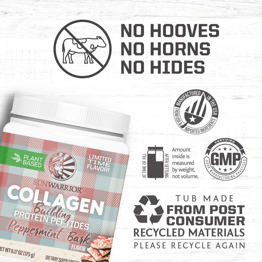 Collagen supplement jar with peppermint bark flavor and labels highlighting plant-based, recyclable, and quality certifications.