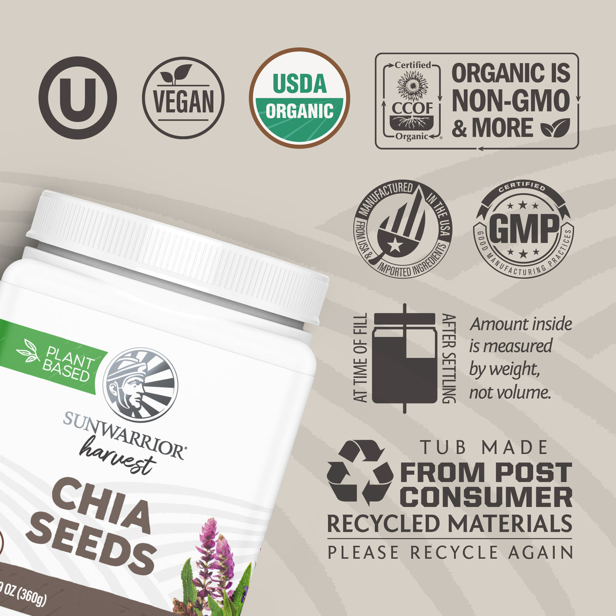 Container of Sunwarrior harvest chia seeds with organic, vegan, non-GMO, and recycled material icons.