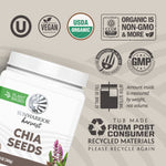 Container of Sunwarrior harvest chia seeds with organic, vegan, non-GMO, and recycled material icons.