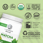 Sunwarrior Harvest Organic Matcha powder with vegan, USDA organic, non-GMO, and recycled packaging icons