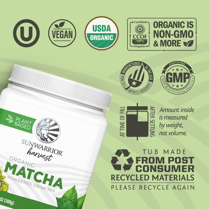 Sunwarrior Harvest Organic Matcha powder with vegan, USDA organic, non-GMO, and recycled packaging icons