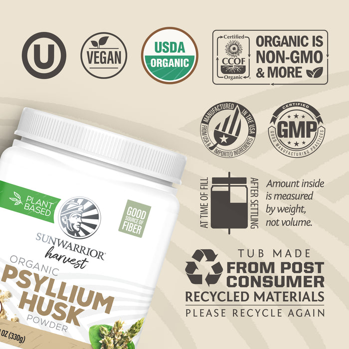 Container of organic psyllium husk powder with certification logos and recycling information on beige background