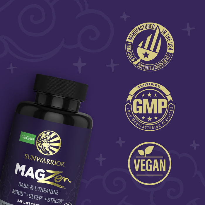Bottle of Sunwarrior MagZen supplement next to icons for made in USA, GMP certified, and vegan.