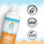 Bottle of vegan hair growth supplement with certification logos for manufacturing and vegan standards