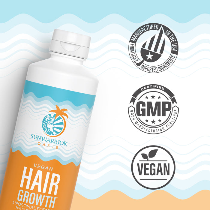 Bottle of vegan hair growth supplement with certification logos for manufacturing and vegan standards