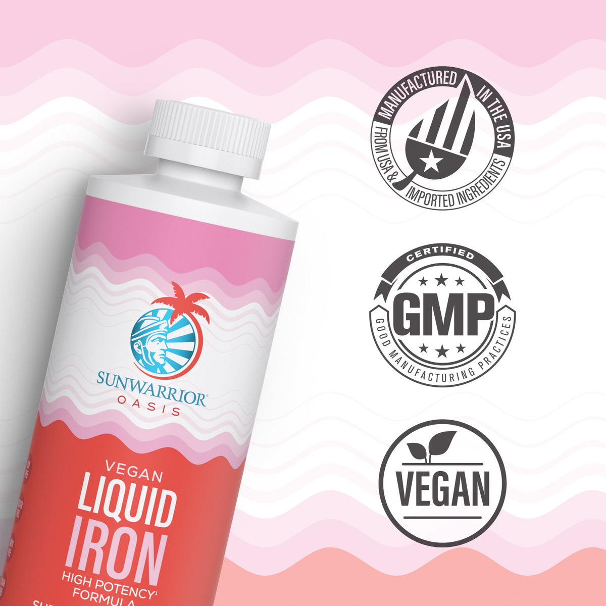 Bottle of Liquid Iron, with badges denoting manufactured in the USA, GMP certified, and Vegan