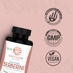 Bottle of Sunwarrior Shape dihydro berberine supplement with manufacturing and vegan certification logos.