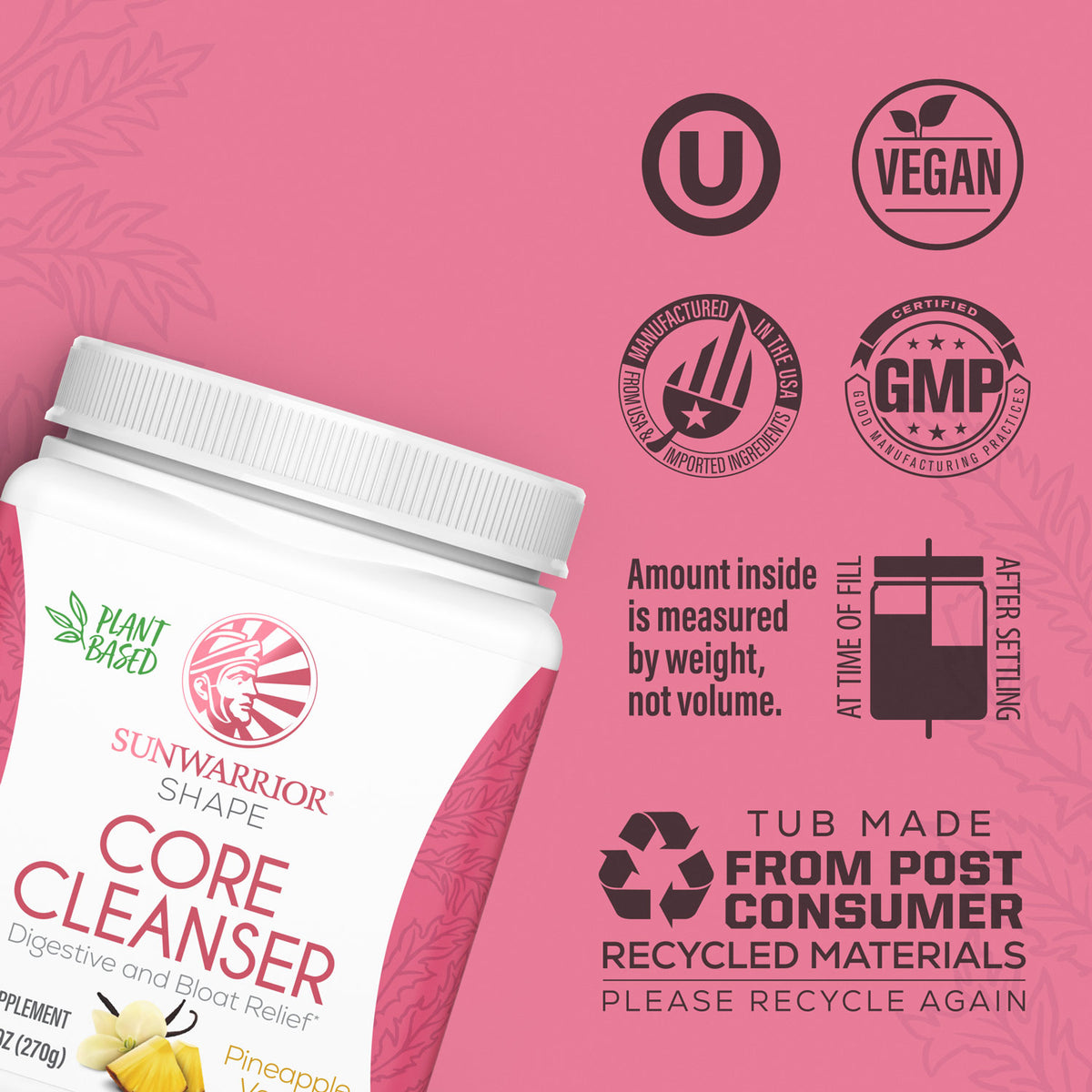White container of plant-based digestive cleanser on pink background with vegan and recycling icons