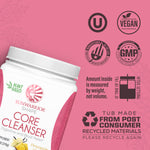 White container of plant-based digestive cleanser on pink background with vegan and recycling icons