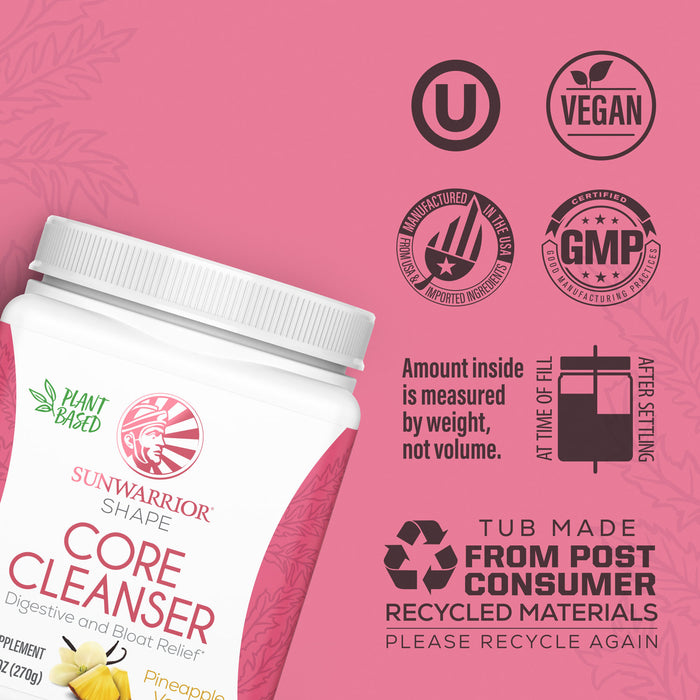 White container of plant-based digestive cleanser on pink background with vegan and recycling icons