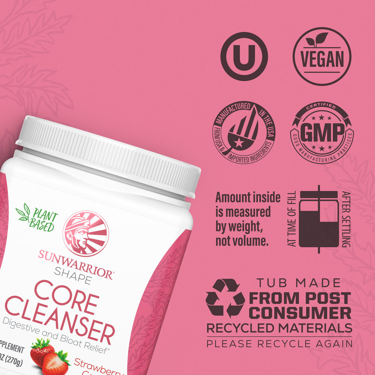 Sunwarrior Core Cleanser container with vegan, plant-based, and recycled material certification icons on pink background