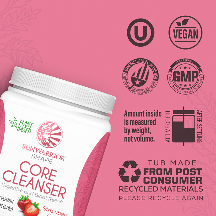 Sunwarrior Core Cleanser container with vegan, plant-based, and recycled material certification icons on pink background