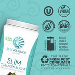 Sunwarrior Slim Collagen Boost container with certification logos on a teal background