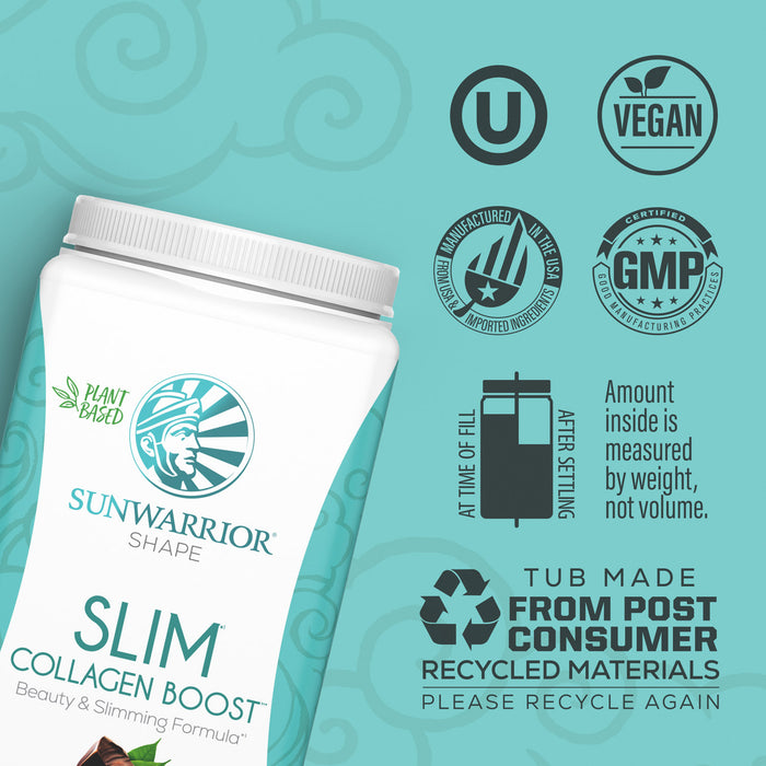 Sunwarrior Slim Collagen Boost container with certification logos on a teal background