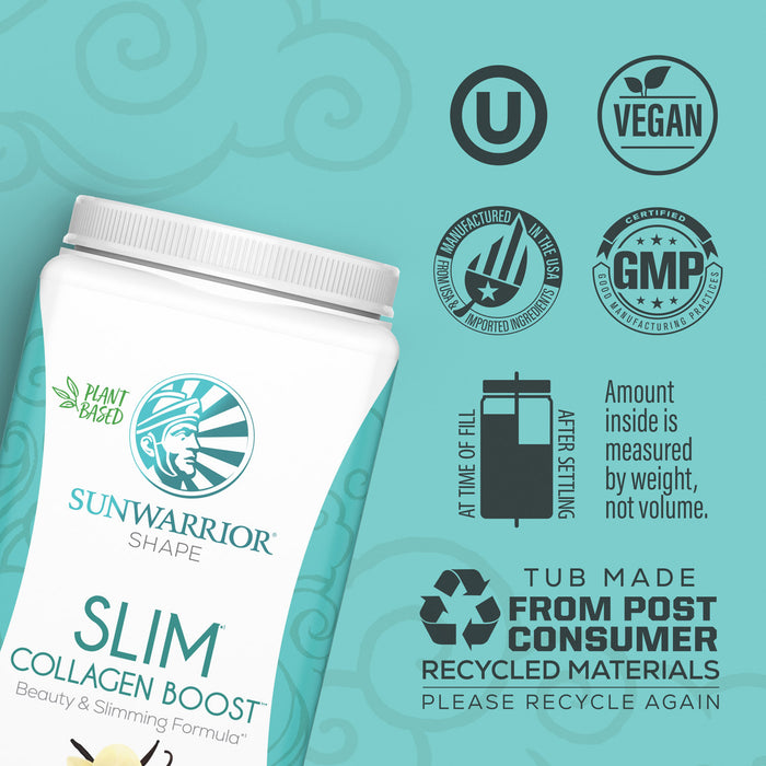 Sunwarrior Slim Collagen Boost container with certification logos on a teal background