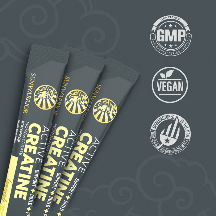 Three gray Sunwarrior Active Creatine stick packs with lemonade flavor text, next to GMP, vegan, and made in the USA certification logos.