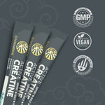 Three Sunwarrior Active Creatine stick packs with certification icons for GMP, vegan, and USA manufacturing details.