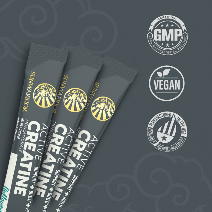 Three Sunwarrior Active Creatine stick packs with certification icons for GMP, vegan, and USA manufacturing details.