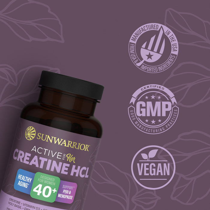 Dark brown bottle of Sunwarrior Creatine HCL against purple background with vegan and GMP icons.