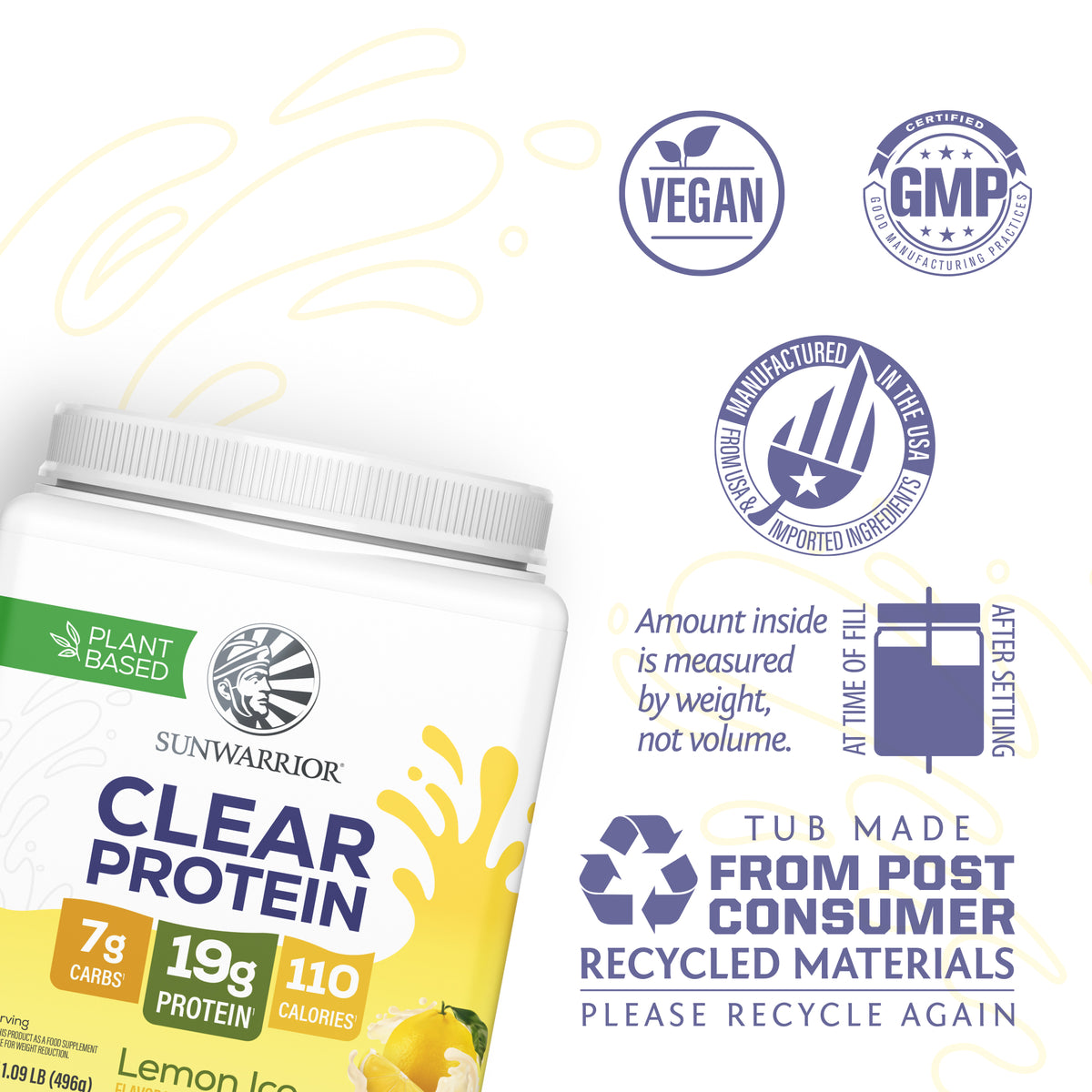 Partial view of Sunwarrior Clear Protein tub with vegan, GMP, and recycled materials icons visible