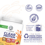 Sunwarrior Clear Protein tub with vegan, GMP certified, made in USA, and recycled material icons