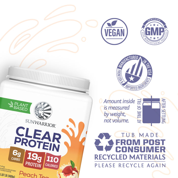 Sunwarrior Clear Protein tub with vegan, GMP certified, made in USA, and recycled material icons