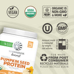 Container of plant-based pumpkin seed protein powder with vegan, organic, non-GMO, and recycled material icons.