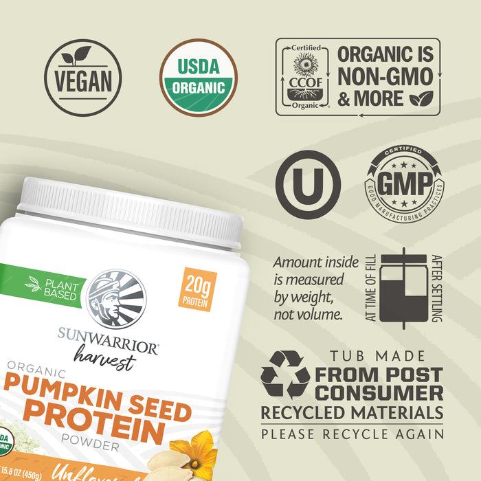 Container of plant-based pumpkin seed protein powder with vegan, organic, non-GMO, and recycled material icons.