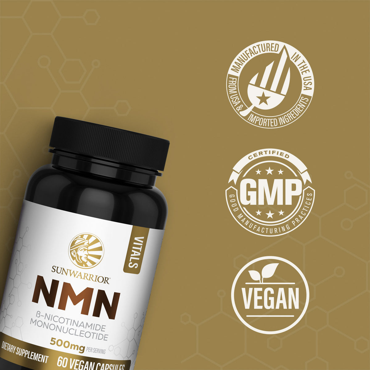 Sunwarrior NMN supplement bottle with certification logos on a brown background