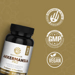 Bottle of Akkermansia Pro supplement with manufacturing, GMP, and vegan certification icons on brown background