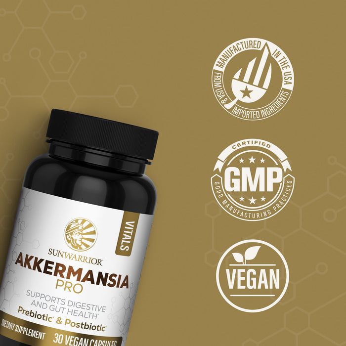 Bottle of Akkermansia Pro supplement with manufacturing, GMP, and vegan certification icons on brown background