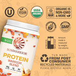 Sunwarrior plant-based protein powder label with vegan, USDA organic, non-GMO, and recycled tub icons