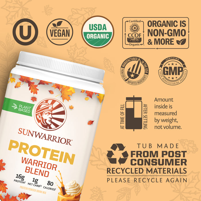 Sunwarrior plant-based protein powder label with vegan, USDA organic, non-GMO, and recycled tub icons