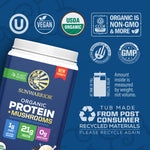 Container of plant-based organic protein powder with mushrooms and multiple certification icons.
