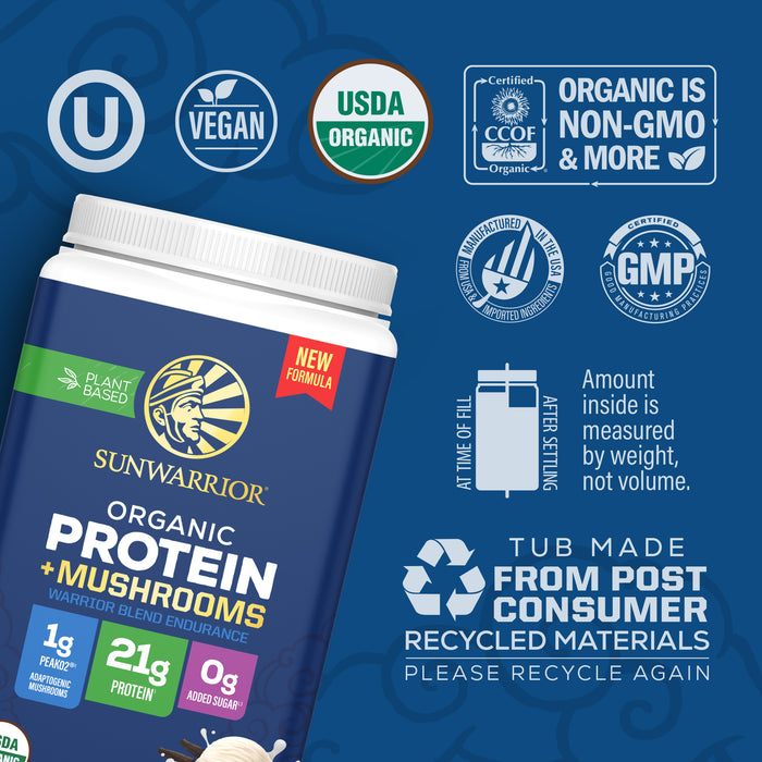 Container of plant-based organic protein powder with mushrooms and multiple certification icons.