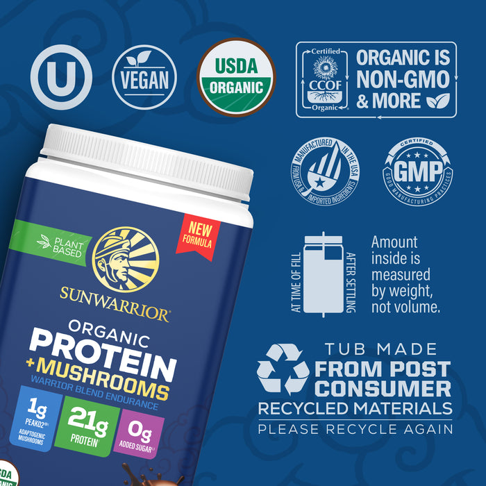 Container of plant-based organic protein powder with certifications and recycling symbols on blue background