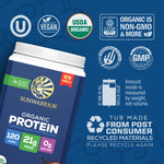Sunwarrior Organic Protein container with certification icons for vegan, USDA organic, non-GMO, and recycled materials