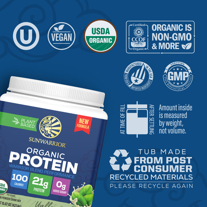 Container of plant-based organic protein powder with certification and recycling icons on blue background