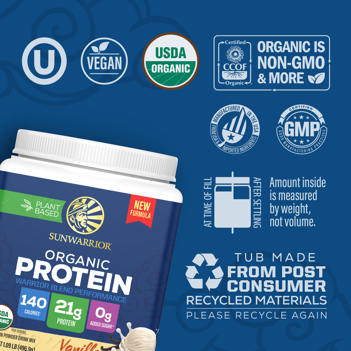 Sunwarrior organic plant-based protein powder container with various certification and recycling icons on blue background