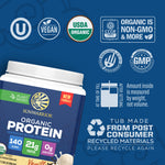 Sunwarrior organic plant-based protein powder container with various certification and recycling icons on blue background