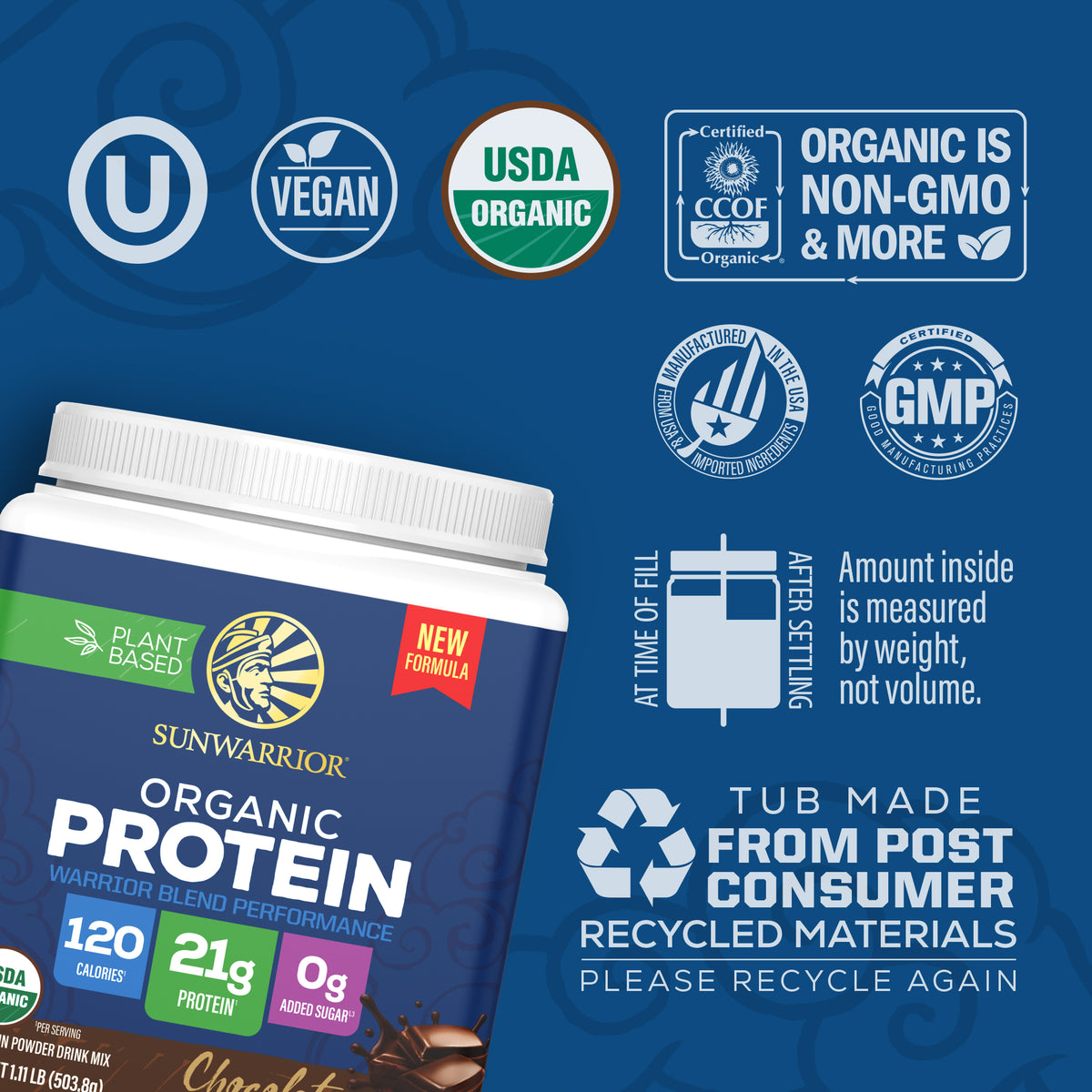 Sunwarrior organic plant-based protein powder with multiple certification icons and recycling information