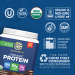 Sunwarrior organic plant-based protein powder with multiple certification icons and recycling information