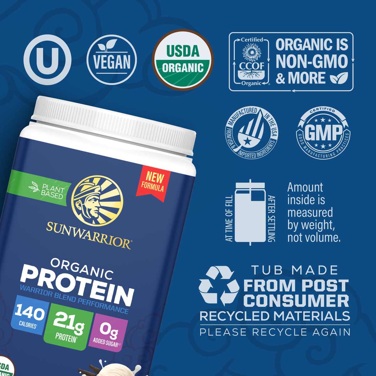 Sunwarrior organic plant-based protein jar with certification icons and recycling information on blue background