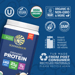 Sunwarrior organic plant-based protein jar with certification icons and recycling information on blue background