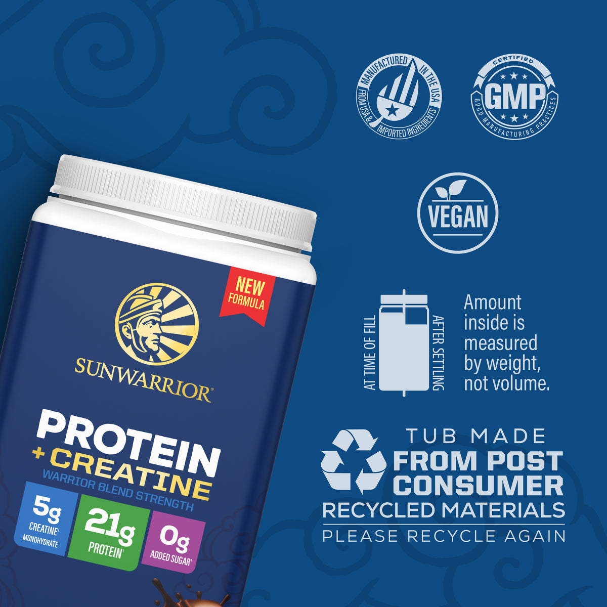 Container of Sunwarrior protein and creatine blend with certification and recycling icons on blue background