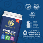 Container of Sunwarrior protein and creatine blend with certification and recycling icons on blue background